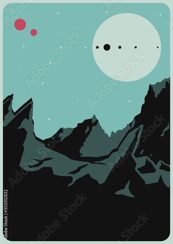 Distant Planet Landscape Illustration Mid Century Modern Style Extraterrestrial Outdoor Poster 