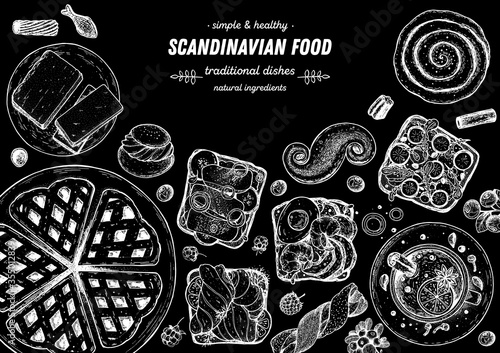 Scandinavian cuisine top view frame. Smorgasbord illustration. A set of Scandinavian dishes . Food menu design template. Vintage hand drawn sketch vector illustration. Engraved image
