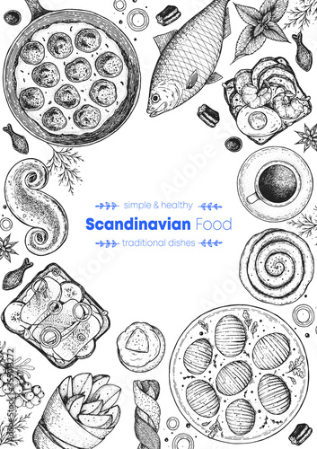 Scandinavian cuisine top view frame. Smorgasbord illustration. A set of Scandinavian dishes . Food menu design template. Vintage hand drawn sketch vector illustration. Engraved image