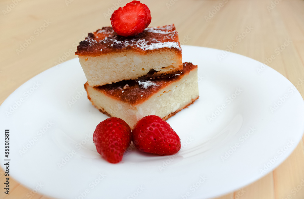 Appetizing Cottage cheese bake cake casserole with strawberries