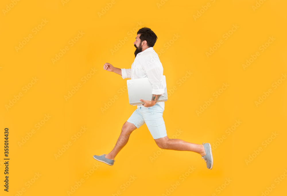 Running into busy life. Busy man in midair yellow background. Energetic  hipster run with laptop pc. Busy schedule. Business communication. Modern  life. New technology. Being busy and active Photos | Adobe Stock