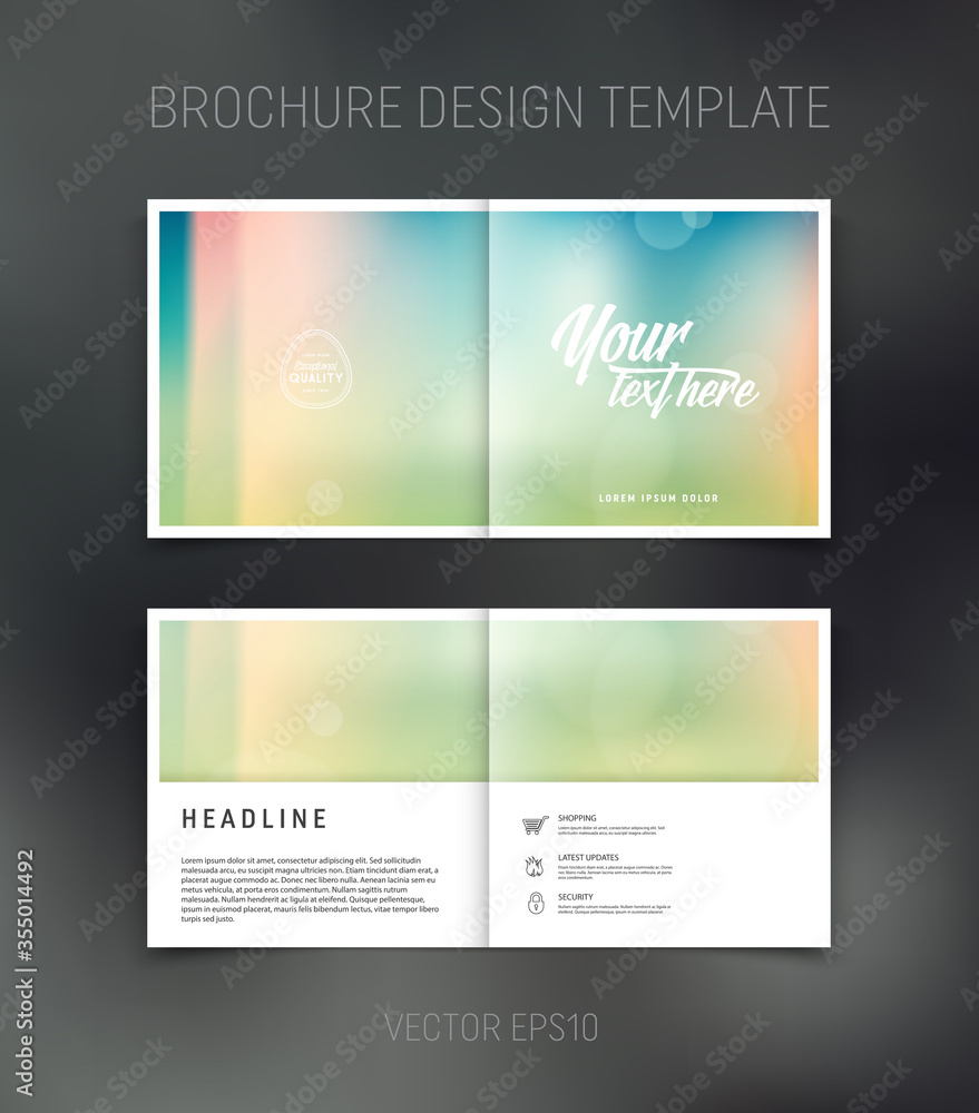 Vector brochure, booklet, presentation design template with blurred soft bokeh abstract background