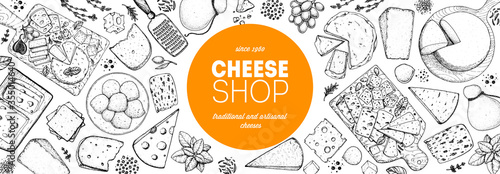 Cheese design template. Hand drawn sketch. Retro food background. Different cheese kinds banner. Dairy farm products cheese.