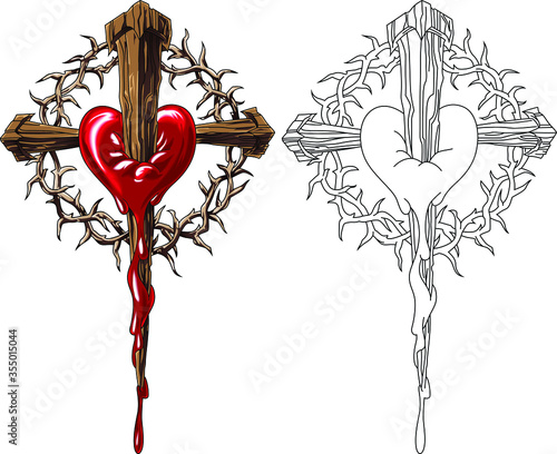 A wreath of thorns, a wooden cross of Jesus and a broken red heart. Vector illustration in tattoo style.
