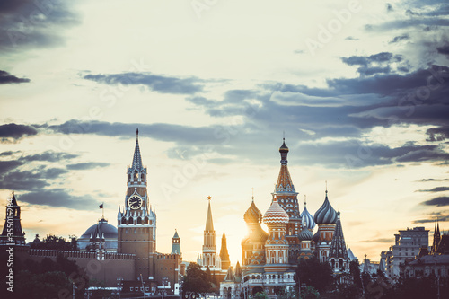 panorama of red square from the river side photographed at sunset