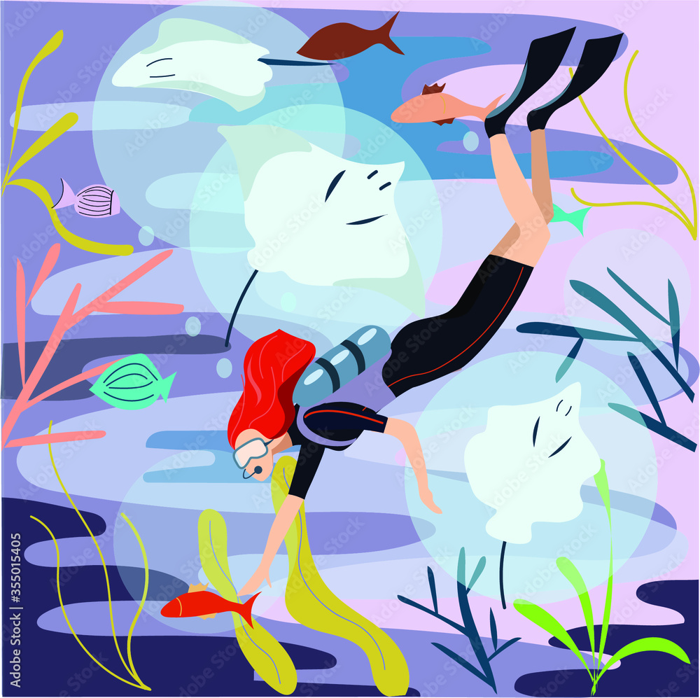 Professional Scuba Diver dives in the ocean. Underwater swiming. Summer vacation concept of sport active holidays. Woman observing coral reef. Underwater recreational activity. Flat cartoon vector