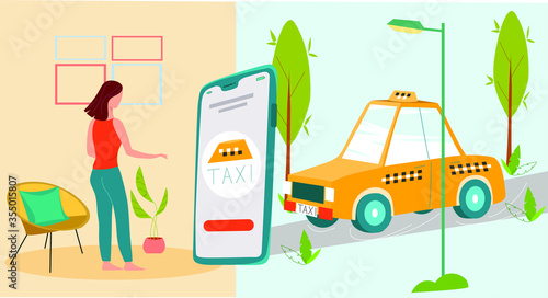 Public taxi mobile application concept. Woman near smartphone with taxi app on display. Urban taxi service. Flat vector illustration. Person is ordering online transportation