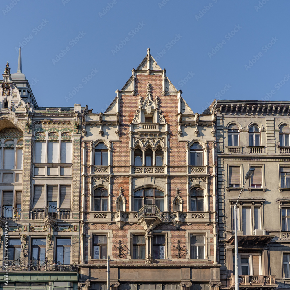 Building facade on street of Szabad sajto during sunset in budapest
