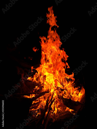 Campfire in nature with black background outdoors
