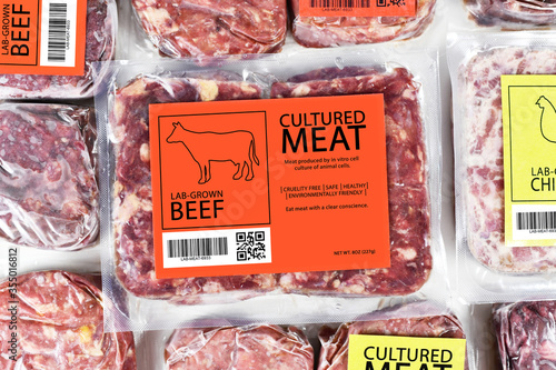 Cultured beef meat concept for artificial in vitro cell culture meat production with frozen packed raw meat with label