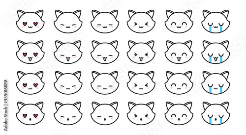 Set of 24 cat heads with cute facial expressions