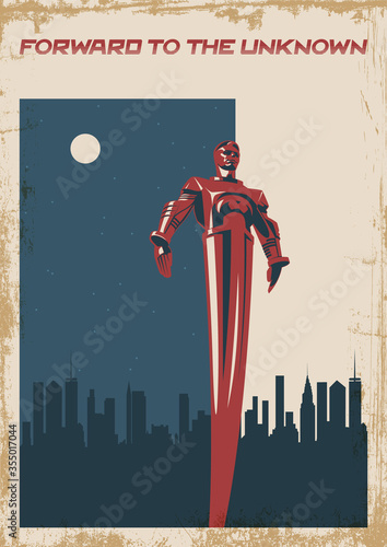 Old Soviet Space Propaganda Poster Stylization, Flying Spaceman, Cityscape Silhouette, Vintage Colors, Grunge Texture Pattern
