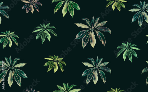 Watercolor painting colorful leaf seamless pattern on dark background.Watercolor hand drawn illustration palm leaves tropical exotic leaf prints for wallpaper,textile Hawaii aloha jungle style pattern