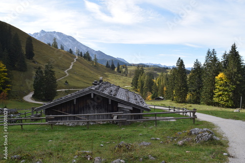 Fototapeta Naklejka Na Ścianę i Meble -  Mountain hut on the Jenner with hiking trails, Schönau am Königsee, Germany