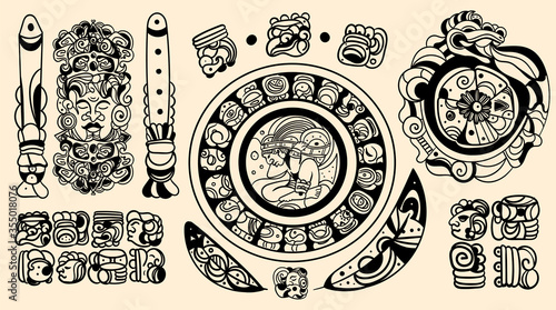 Set of intricate black Mayan tattoo designs in traditional tribal patterns isolated on an off white background, vector illustration