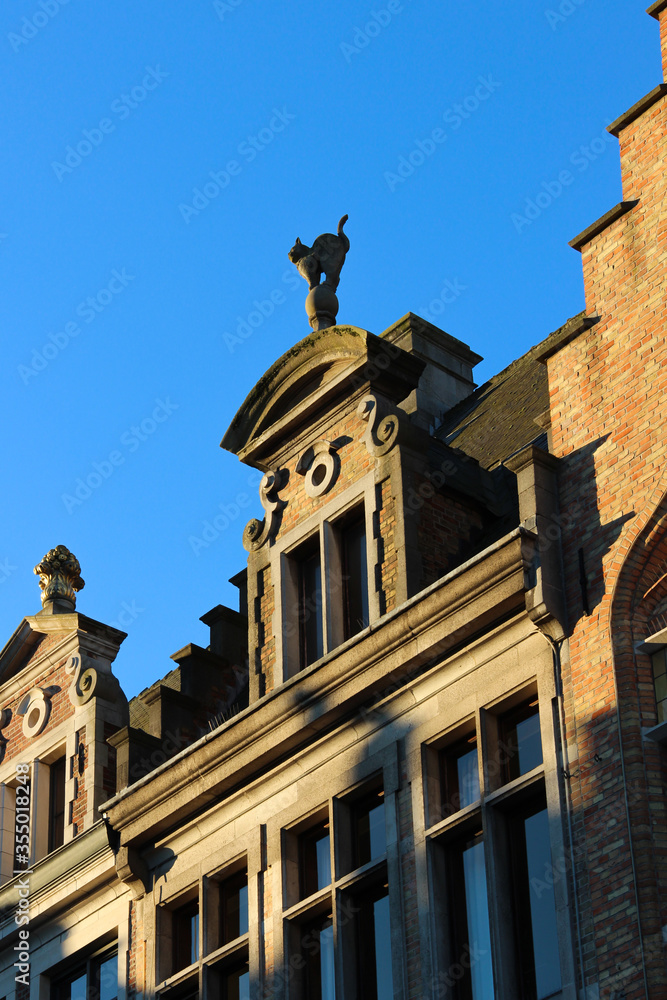 The cat sculpture on the roof of the building.