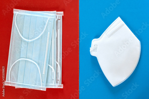 Close-up of protective medical masks and face masks on the background of the country's flag. Concept of protection during the COVID-19 virus infection epidemic