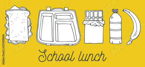 Set of school lunch items. Top view. Container, bottle, sandwich, chocolate, banana. Hand drawn vector sketch illustration