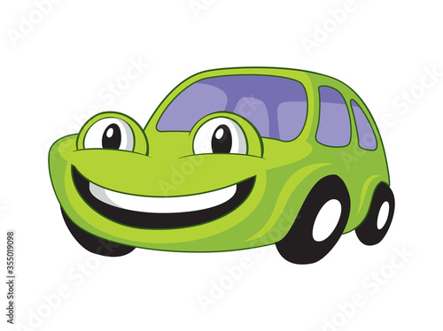 Funny smiling cartoon car - vector humanized automobile with broad smile