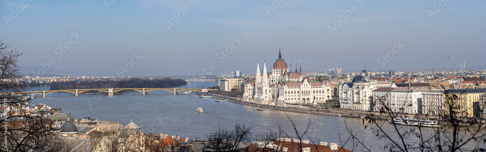 Panoramic view of of Szenchenyi Chain bridge over Danube river from Buda Hill in Budapest