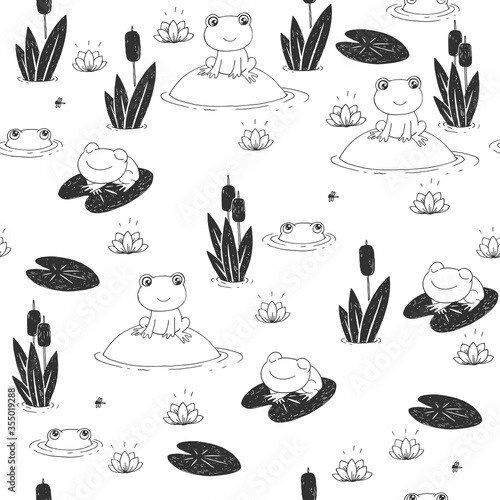 Vector seamless pattern with funny frogs on pond isolated on white. Hand drawn texture with cute cartoon characters in doodle style.