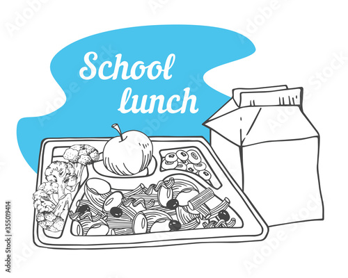 School canteen composition. Tray filled with dinner and drink. Hand drawn outline vector sketch illustration