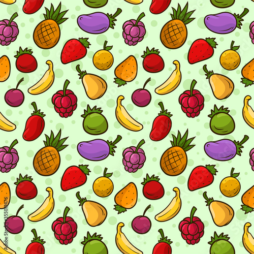 Cartoon colorful summer fresh fruits. Pineapple and banana. Blackberries and peach. Peach and strawberry. On green background. Vector seamless pattern.