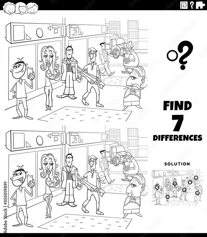 differences game with cartoon people color book page