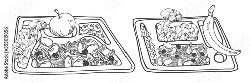 Set of two filled food trays with dinner. Pasta, cabbage and fruits. Hand drawn outline black and white vector sketch illustration
