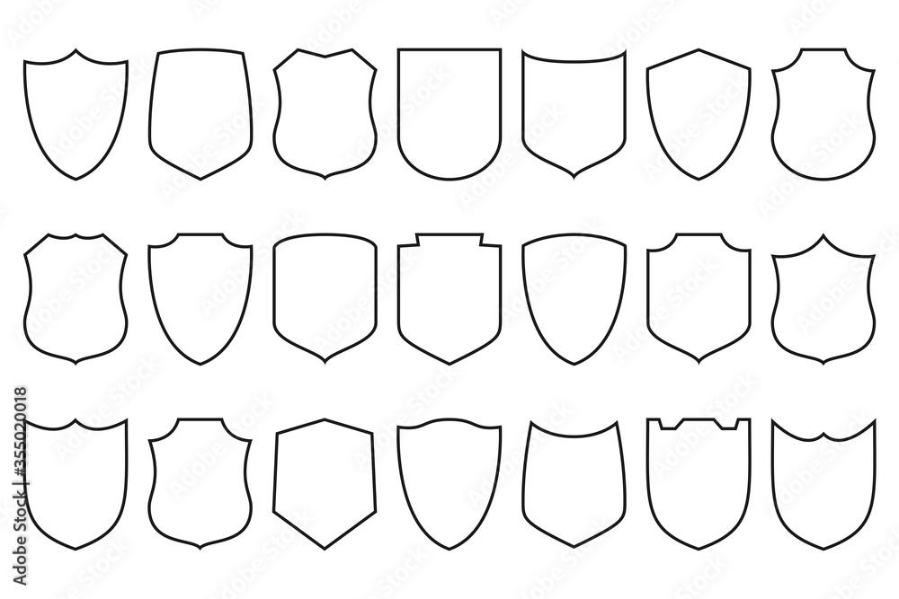 Shields set. Security shield linear icons collection. Line design elements for concept of safety and protection. Vector illustration. - obrazy, fototapety, plakaty 