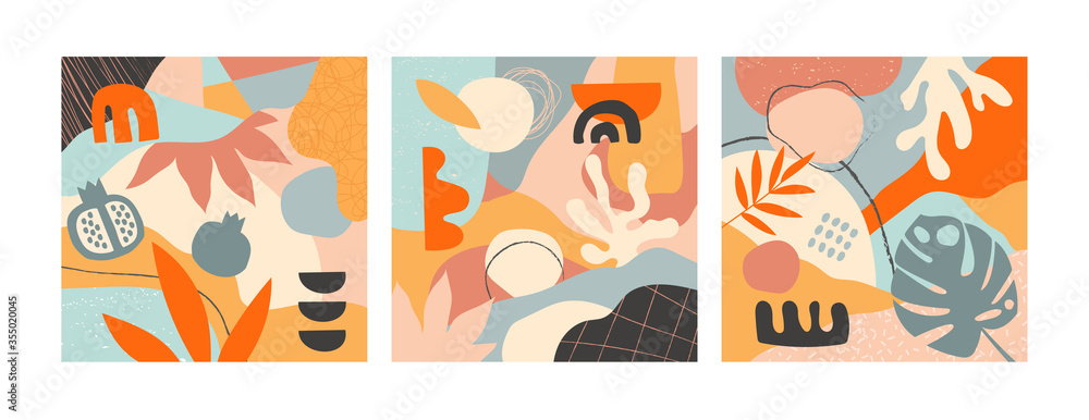 Set of three abstract designs of plants, leaves and fruit in tones of orange and grey in a panorama triptych, colored vector illustration