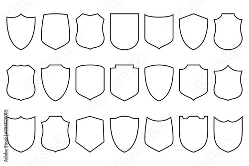 Shields set. Security shield linear icons collection. Line design elements for concept of safety and protection. Vector illustration.