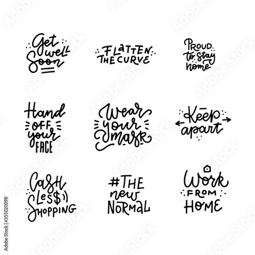 Set of hand lettering with quarantine and coronavirus tips. Different quotes in hand drawn linear style. Phrases for social networks, stickers Calligraphy text to reduce risk of spreading the virus.