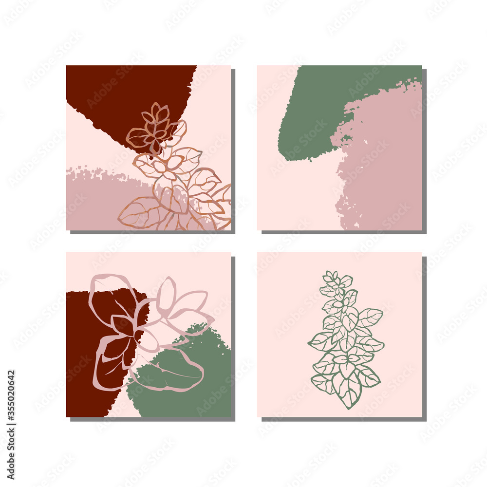 Vector set of collage modern poster with abstract shapes and illustration of plant. Scandinavian Style. For posters, textile print, wrapping paper, greeting card template, social media post