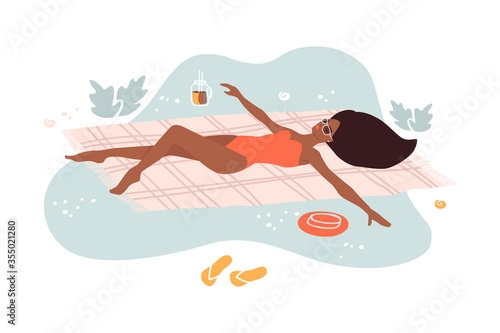 Girl relaxing and sunbathing in grass  summer time. Top view of young woman in swimwear with sunglasses lying on beach cover. Tredny flat vector illustration.