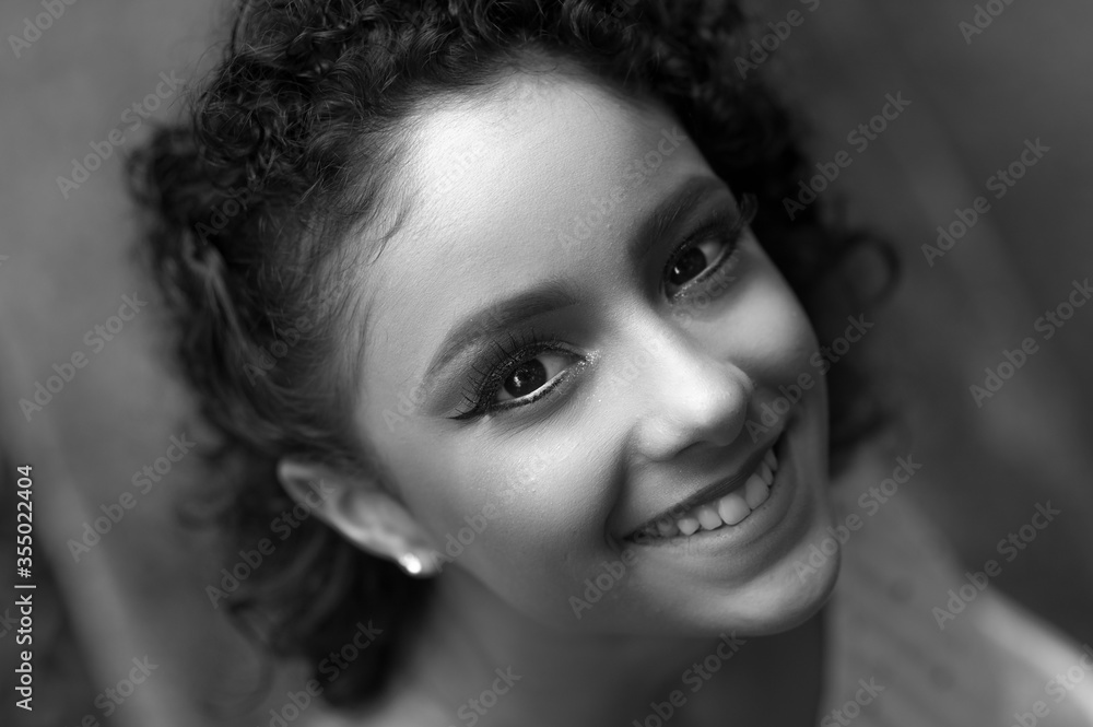 Black and white high angle view close up of a brazilian girl.