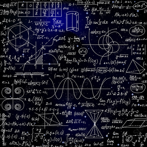 Mathematical vector seamless pattern with formulas, figures and calculations handwritten on the background of stars