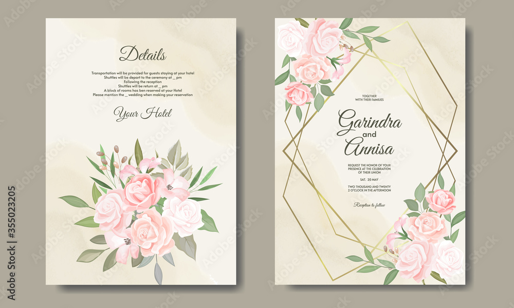 Wedding invitation card template set with beautiful colourful floral leaves Premium Vector
