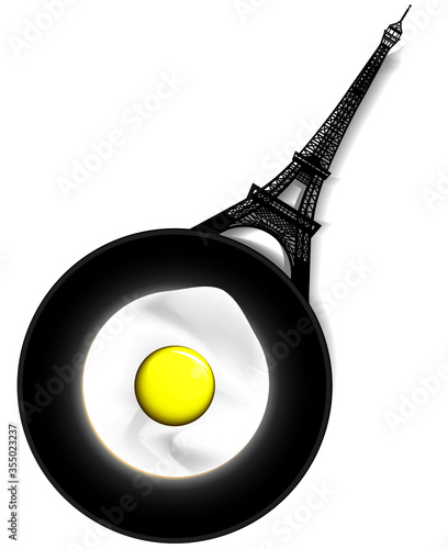 Fried egg on a pane with fancy handle as Eiffel Tower.