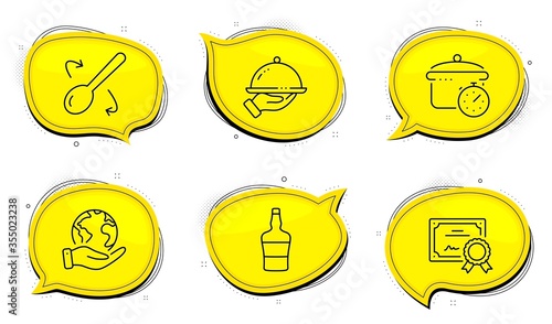 Boiling pan sign. Diploma certificate, save planet chat bubbles. Restaurant food, Scotch bottle and Cooking spoon line icons set. Room service, Brandy alcohol, Cutlery. Cooking timer. Vector