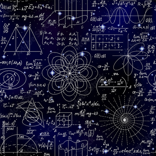Mathematical vector endless seamless pattern with formulas, figures and calculations handwritten on the background of stars. Scientific space endless texture