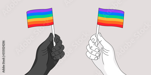 Pride banner - Two hands waving rainbow flags gay pride symbol - hand drawn vector illustration for Pride month event