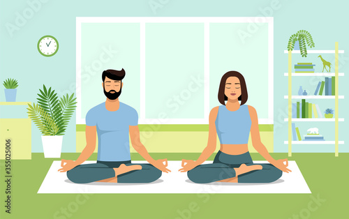 Man and woman meditate in lotus position. Home workout. A young couple practices yoga at home. The concept of a healthy lifestyle. Stay at home. Stock vector illustration in a flat style.
