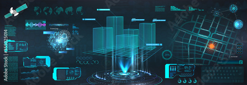 Advance HUD control center. Graphic Dashboard Head-up display and  Futuristic User Interface GUI, UI. Smart technology IOT and Sci-fi city. 3D model Hologram Earth Globe. Vector HUD elements set