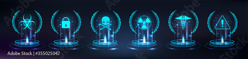 Game checkpoint, hologram base. HUD, GUI hi-tech elements. Circle digital projector or teleport, or magic portal with glow effect. Virtual reality(VR) elements with icons symbols. Vector illustration