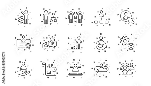 Business people, Algorithm and Group. Management line icons. Startup strategy linear icon set. Geometric elements. Quality signs set. Vector