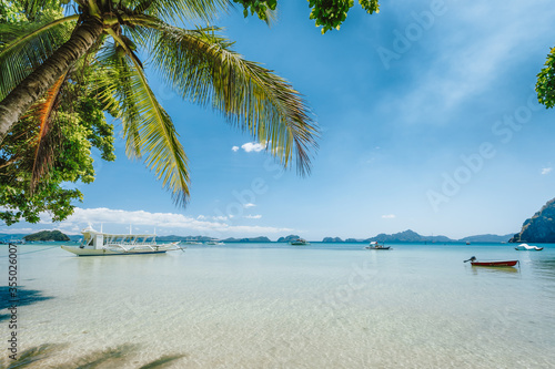 El Nido  Palawan island  Philippines. Palm trees of Corong Corong beach  island hopping boats in blue shallow lagoon and blue sky