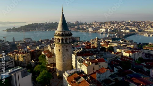 Galata Tower aerial view with Drone From Istanbul Turkiye.