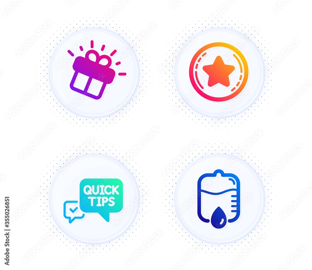 Gift, Quick tips and Loyalty star icons simple set. Button with halftone dots. Drop counter sign. Marketing box, Helpful tricks, Bonus reward. Medical equipment. Business set. Vector