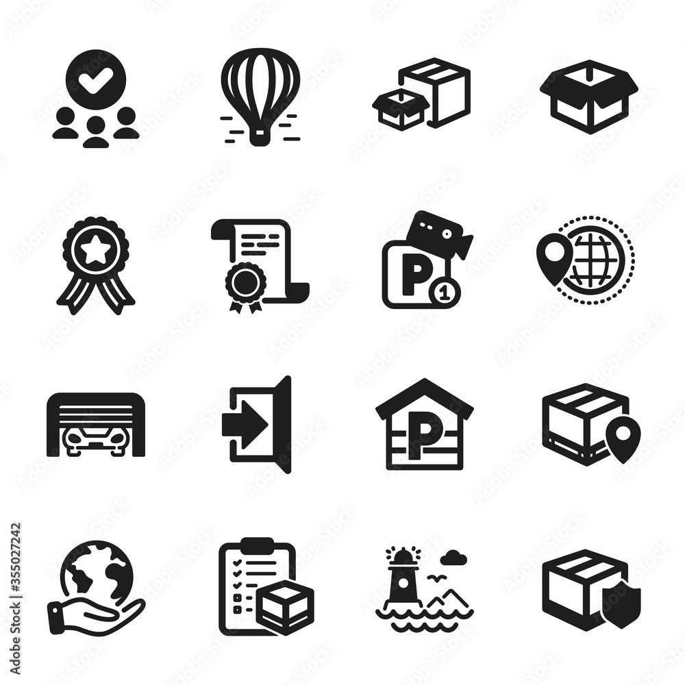Set of Transportation icons, such as Air balloon, Delivery insurance. Certificate, approved group, save planet. Exit, Parcel tracking, Lighthouse. Opened box, Parking garage, Packing boxes. Vector Set of Transportation icons, such as Air balloon, Delivery insurance. Certificate, approved group, save planet. Exit, Parcel tracking, Lighthouse. Opened box, Parking garage, Packing boxes. Vector